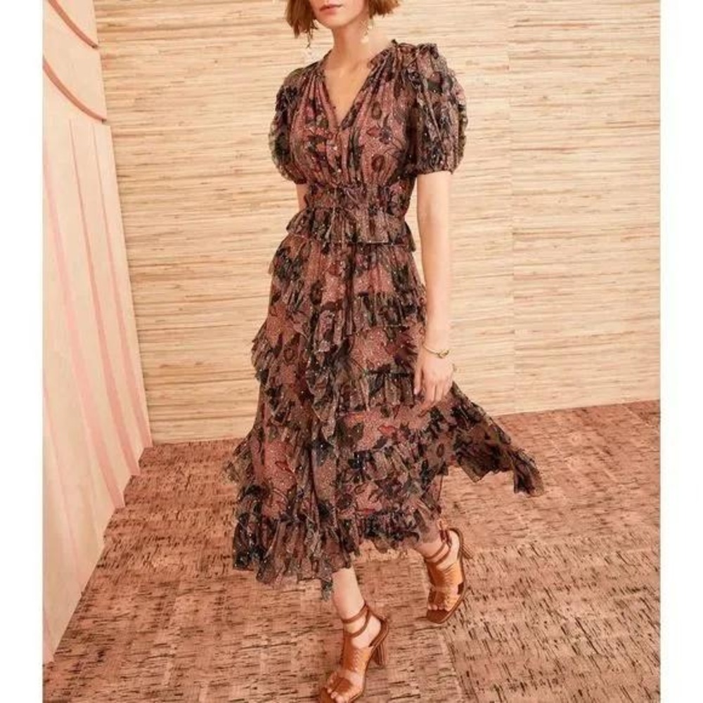 ULLA JOHNSON Cara Dress Size US 2 Coral Dot Brown Black Gold Ruffles Silk